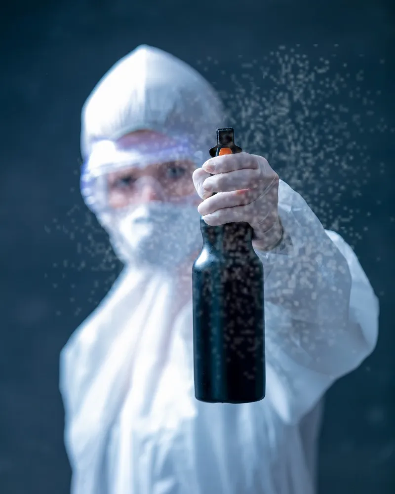 Elimina virus, bacterias, hongos y malos olores con un servicio profesional de sanitización. Miembro de Insectalia rociando sanitizante con un atomizador directamente a virus, bacterias y hongos. como parte de su servicio de sanitización.