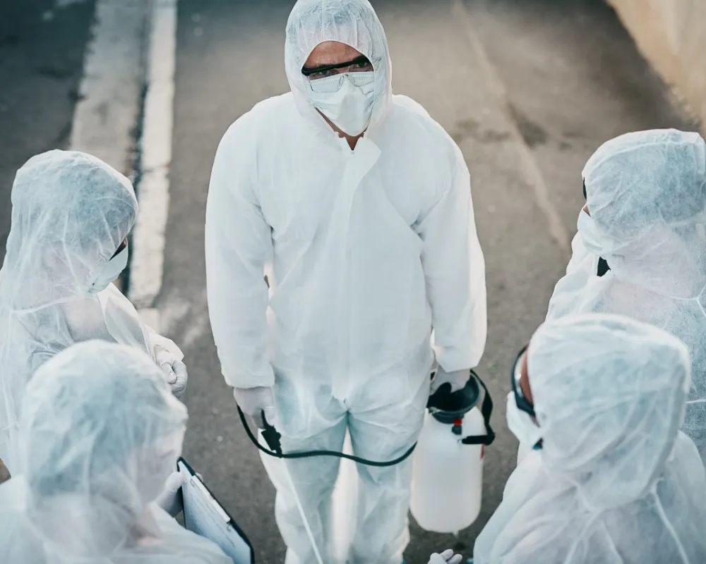 Servicio en fumigaciones industriales con protocolos estrictos para un resultado eficiente y confiable. Equipo de fumigadores alistándose para iniciar con un servicio profesional en fumigaciones industriales para y cumplir con altos estándares.