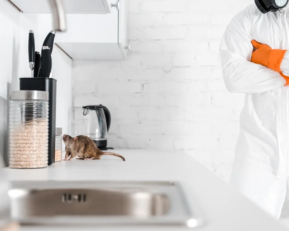 Tipos de plagas en casas y negocios más comunes que ponen en riesgo la salud y el bienestar de las personas. Exterminador dentro de una cocina listo para eliminar uno de los tipos de plagas en casas y negocios que causa más enfermedades e infecciones.