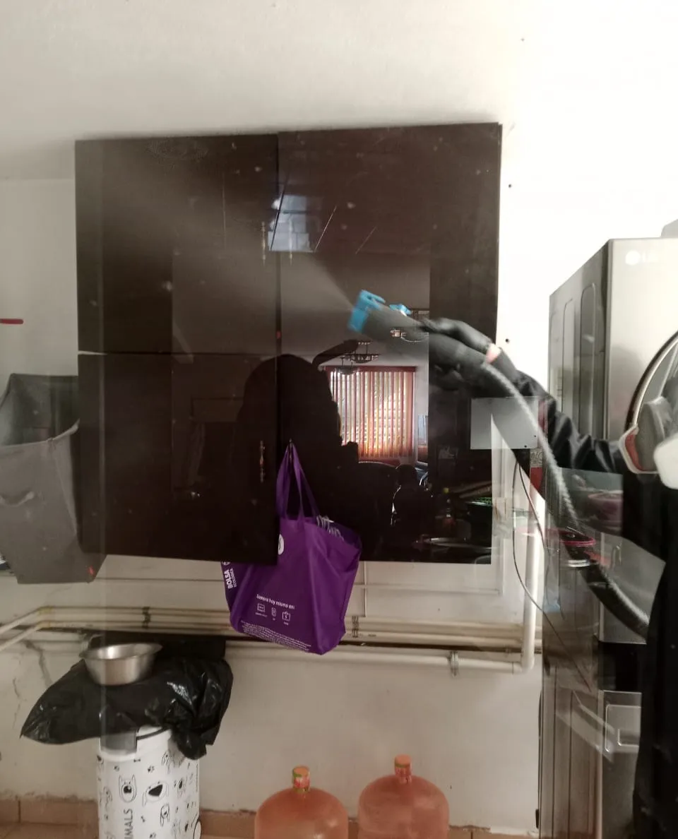 Fumigación de ratas profesional en lavandería para eliminar plagas de roedores en hogares. Experto realizando una fumigación de ratas en área de lavandería para eliminar plagas de roedores de forma efectiva y segura.