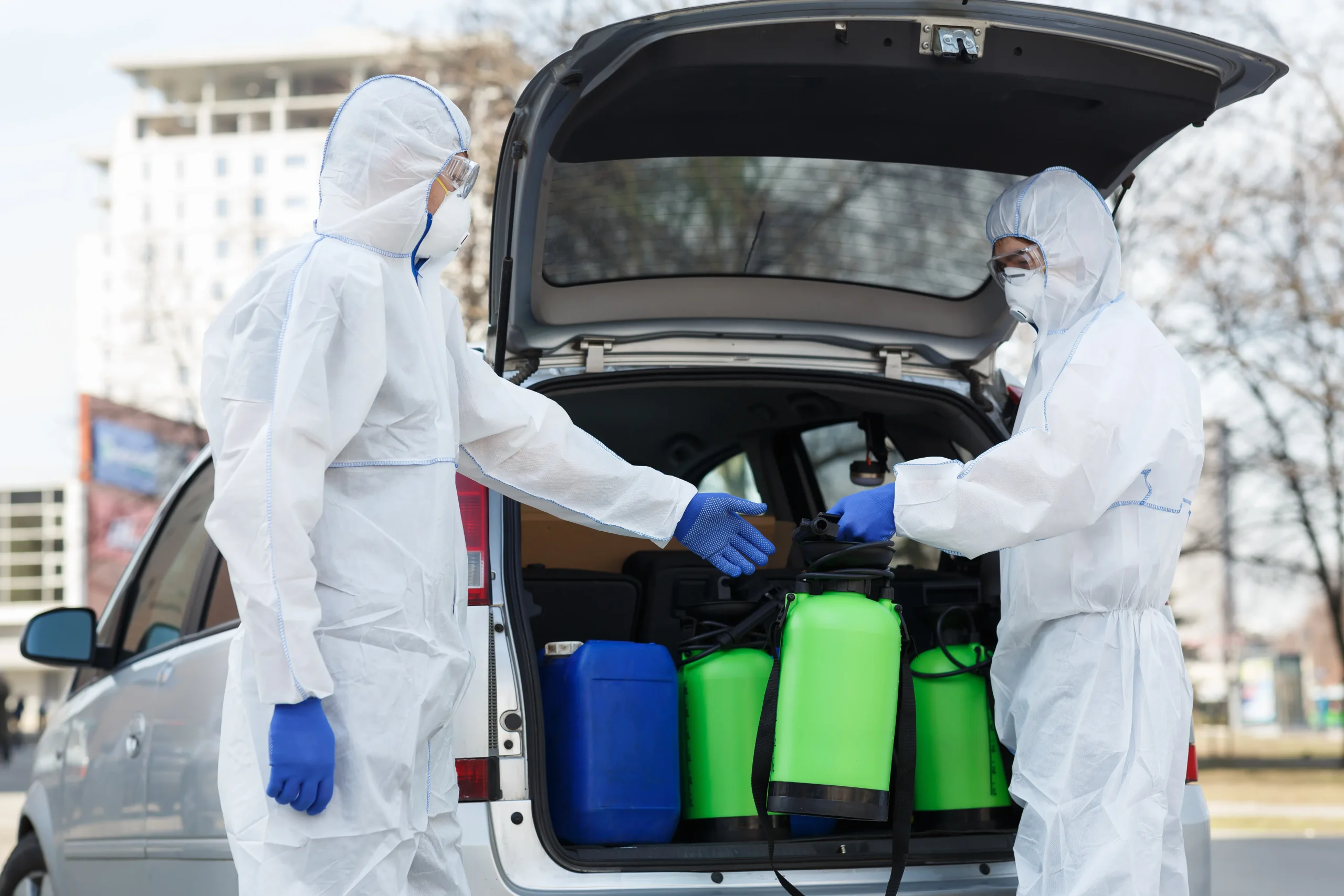 Expertos en fumigación llegan al domicilio para un servicio con certificado de fumigación garantizado. Dos expertos en fumigación llegan en camioneta para iniciar el servicio con certificado de fumigación en un domicilio.