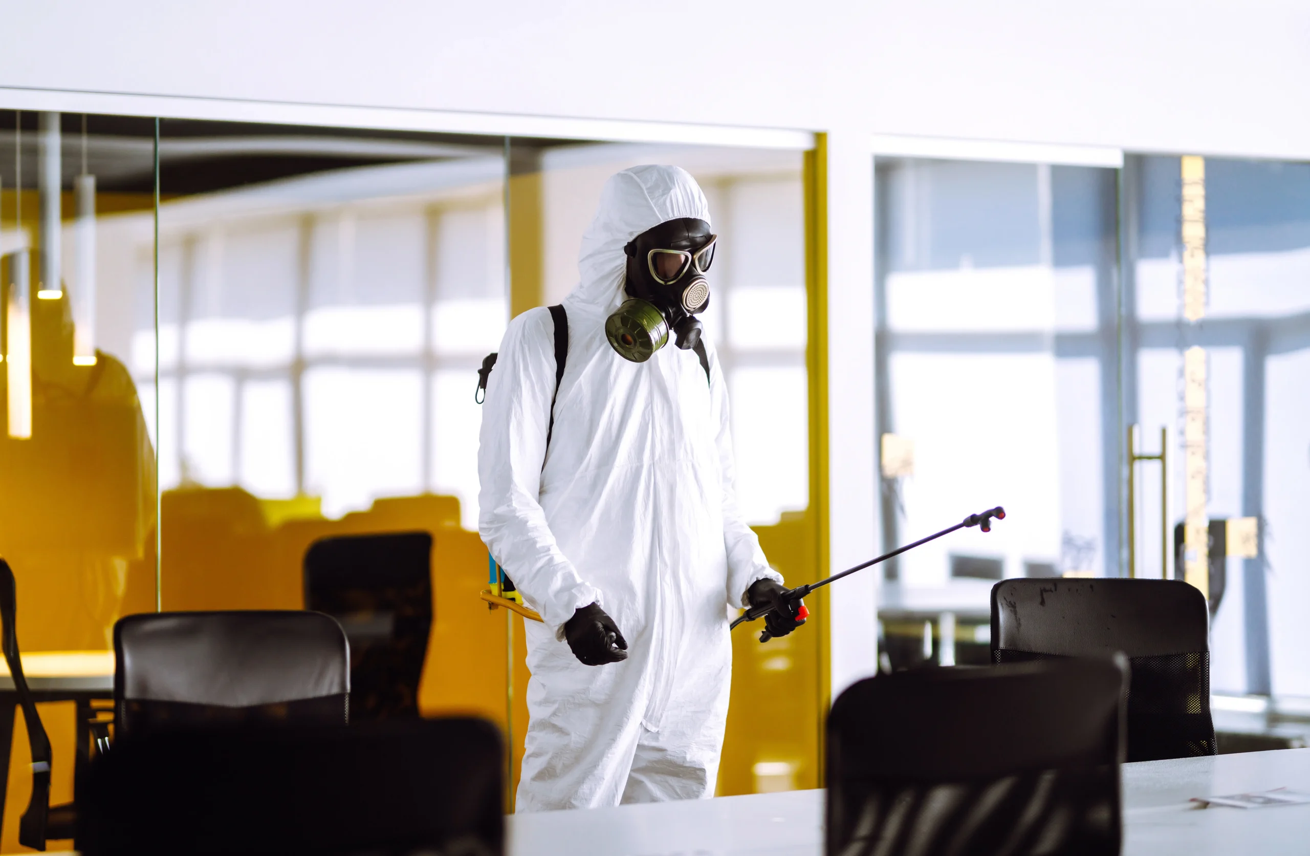 Especialista realizando fumigaciones en Puebla en oficinas de trabajo, aplicando productos certificados para eliminar plagas y roedores eficazmente.