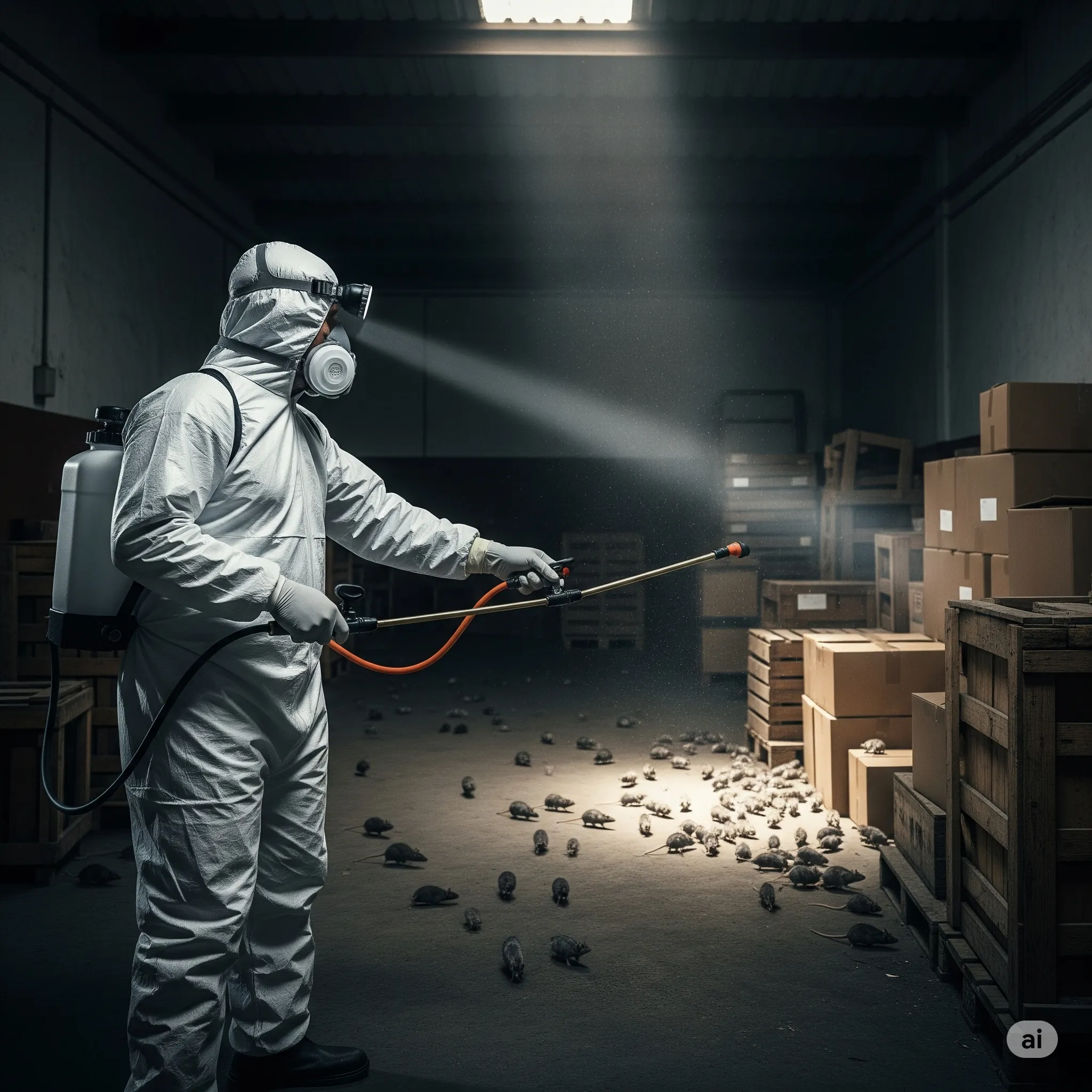 Control integral de roedores mediante tipos de fumigaciones especializadas en bodegas y almacenes. Técnico profesional aplicando tipos de fumigaciones para exterminar roedores en bodega con cajas de cartón y madera.