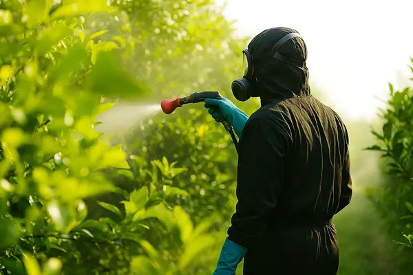 Técnico especializado en huertos enseña visualmente qué son los plaguicidas y cómo ayudan a proteger las plantas.