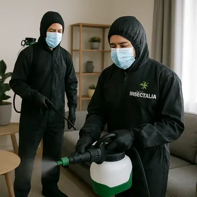 Qué es sanitización explicado por dos técnicos que realizan un procedimiento completo de limpieza y protección en la sala de estar.