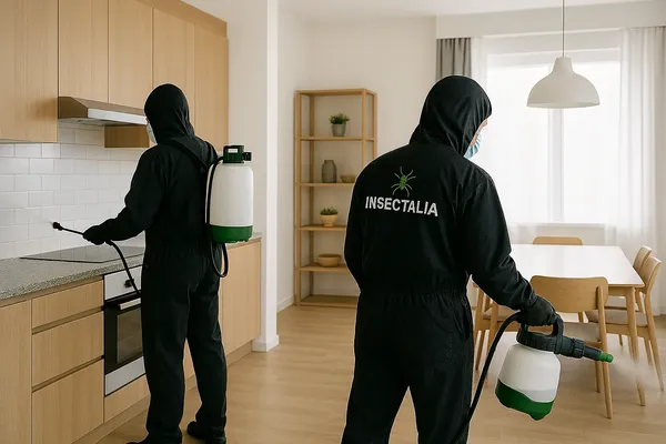 Imagen ilustrativa de qué es sanitización, con dos técnicos especializados trabajando en la cocina y el comedor de una casa.