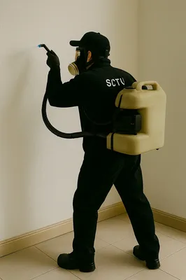 Técnico especializado demuestra cómo funciona un fumigador mientras elimina plagas de una pared, garantizando seguridad y eficacia en el proceso.