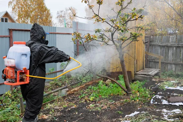 Imagen de un técnico aplicando fumigación en jardín, explicando qué son las plagas y cómo controlarlas de manera segura.