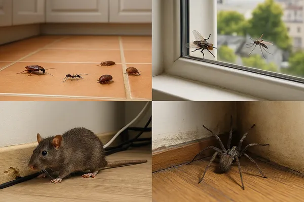 Imagen detallada mostrando diversos insectos y roedores, ejemplificando los tipos de control de plagas aplicables en cada situación.