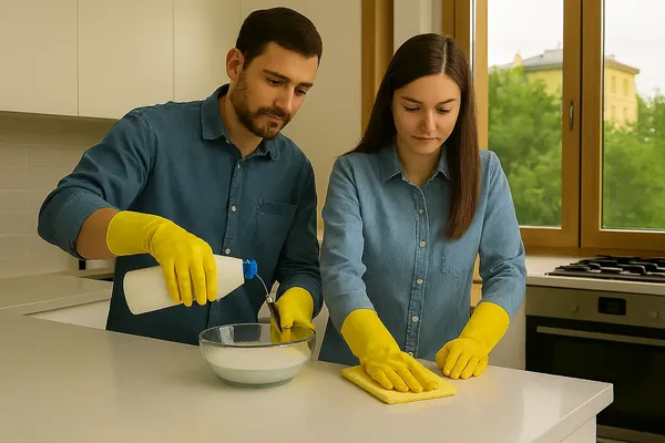 Pareja en cocina siguiendo consejos de Insectalia sobre cómo limpiar la cocina después de fumigar de manera segura y efectiva.