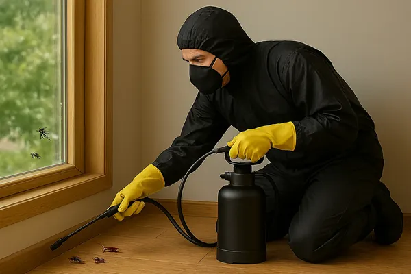 Imagen mostrando un técnico en acción, ejecutando tipos de control de plagas en ventanas y superficies de hogar.