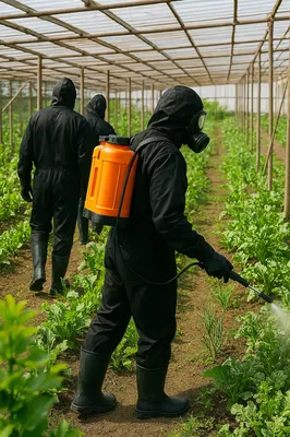 Tres técnicos trabajando en un invernadero agrícola enseñando paso a paso qué son los plaguicidas y su eficacia.