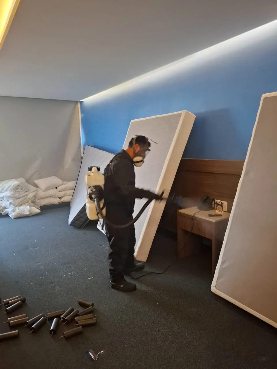 Imagen de un técnico profesional trabajando en una habitación realizando una fumigación de casas para la seguridad del hogar.