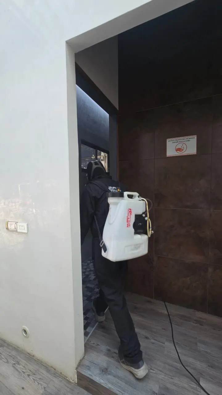 Técnico de Insectalia aplicando fumigación profesional en la entrada para erradicar plagas en la industria alimentaria.