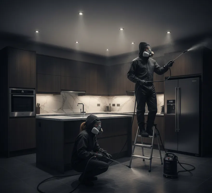 Fumigación con gel en una cocina elimina plagas de forma segura, sin olores y protege la higiene en los alimentos.