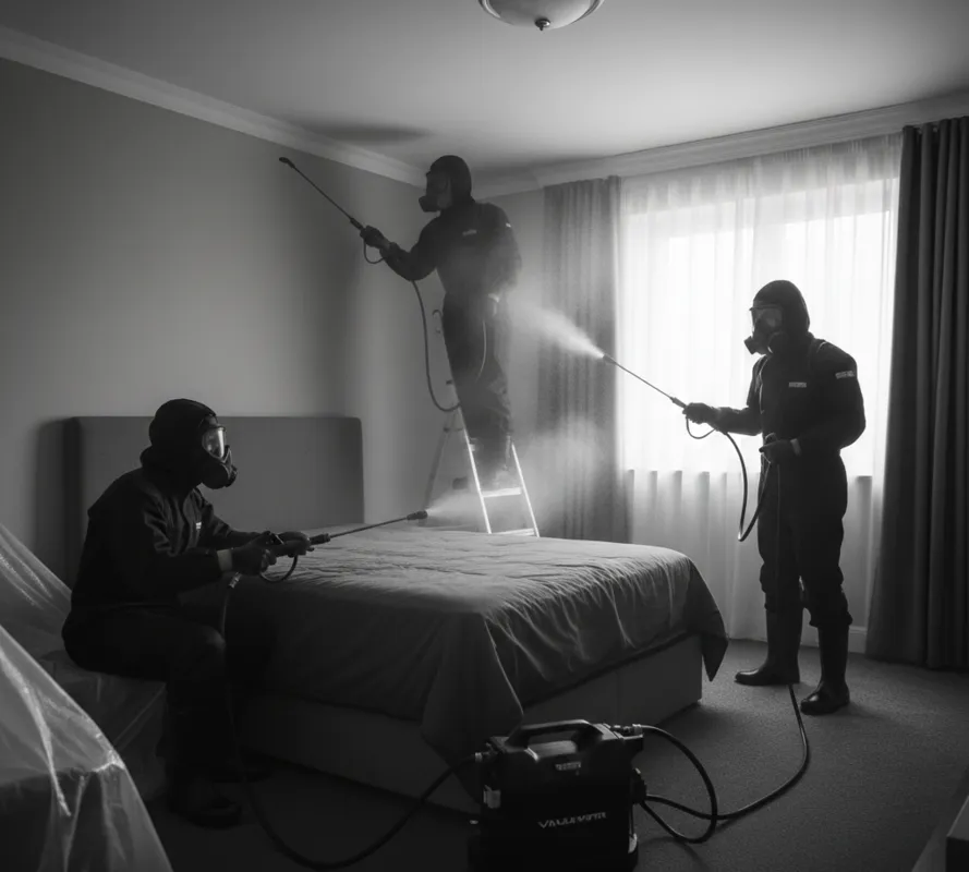 Fumigación con gel aplicada en una recámara controla plagas sin olores, protege personas, mascotas, muebles y garantiza un descanso duradero.