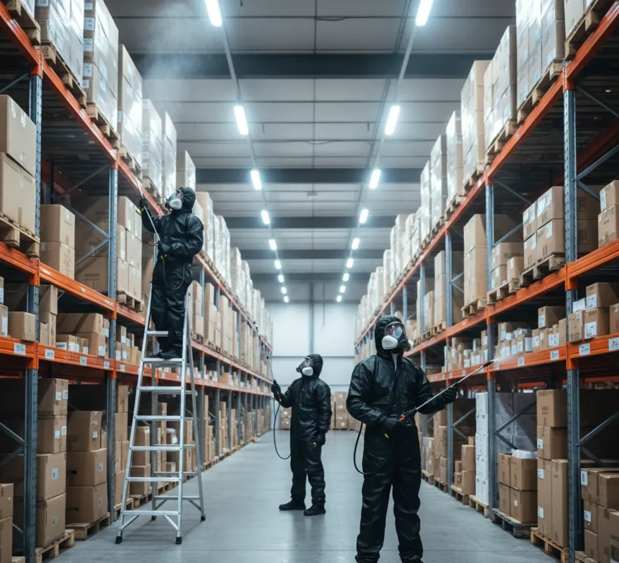 Fumigación por aspersión en almacén para prevenir infestaciones, proteger mercancía, reducir riesgos sanitarios y mantener operaciones seguras.