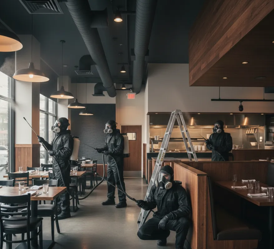 Fumigación por aspersión en restaurante para controlar plagas, proteger alimentos, cumplir normas sanitarias y mantener áreas seguras.