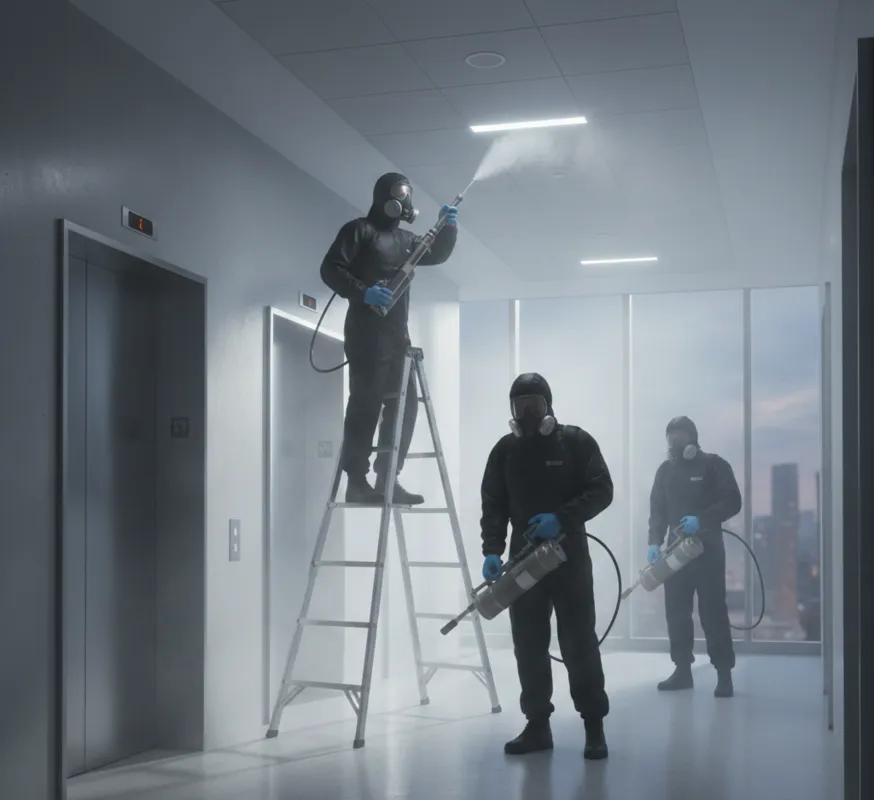 Aplicación segura de fumigación por nebulización en elevadores, desinfectando superficies, y áreas comunes.