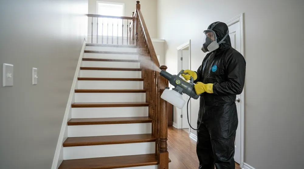 Intervención precisa mediante tipos de sanitización efectivos para asegurar escaleras libres de contaminación. Técnico realizando sanitización en escaleras mediante tipos de sanitización especializados para eliminar riesgos microbianos.