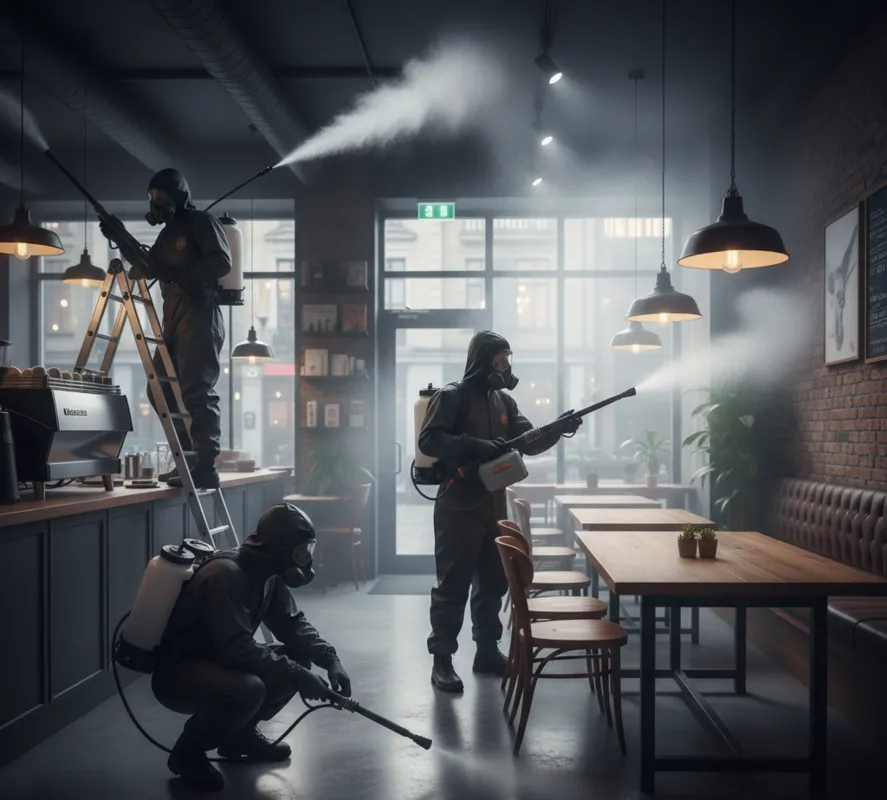 Personal capacitado realiza una fumigación por nebulización en cafetería, eliminando plagas, bacterias y virus para cumplir normas sanitarias.