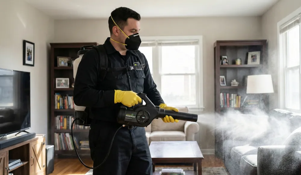 Técnico aplicando diferentes tipos de sanitización para mantener la sala completamente higienizada y segura. Técnico sanitizando la sala aplicando distintos tipos de sanitización profesionales para garantizar limpieza profunda y protección completa.