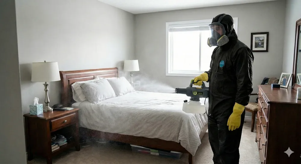 Procedimiento avanzado con tipos de sanitización especializados para garantizar máxima limpieza. Técnico desinfectando una habitación con tipos de sanitización que aseguran espacios seguros y libres de agentes contaminantes.