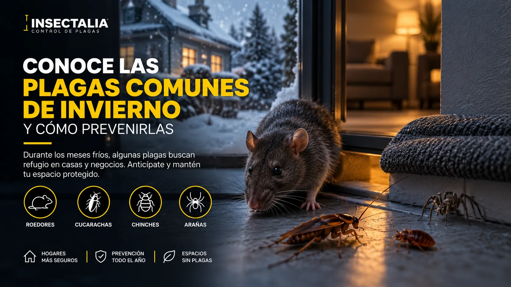 Conoce las plagas comunes de invierno como ratas, cucarachas, chinches y arañas dentro de hogares y negocios