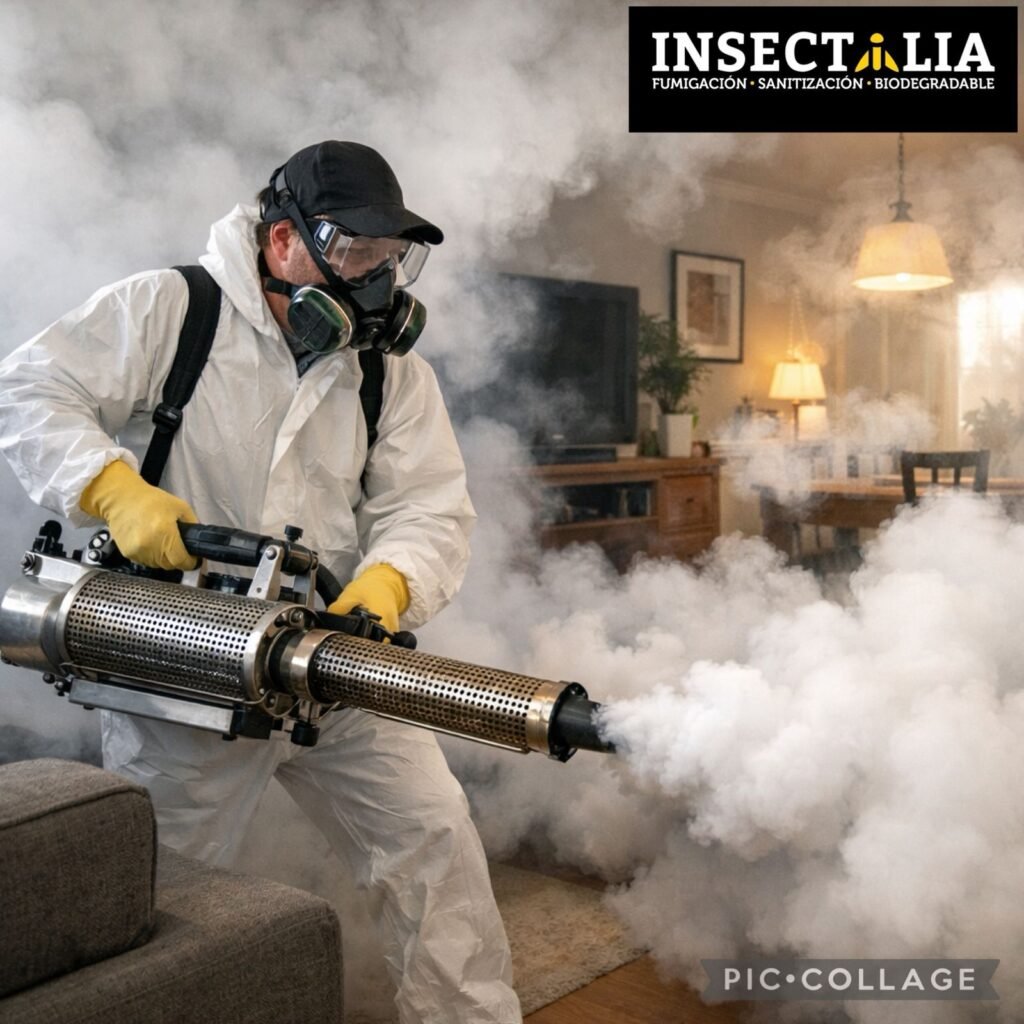 Técnico realizando fumigación en casa control de plagas en Puebla servicio profesional