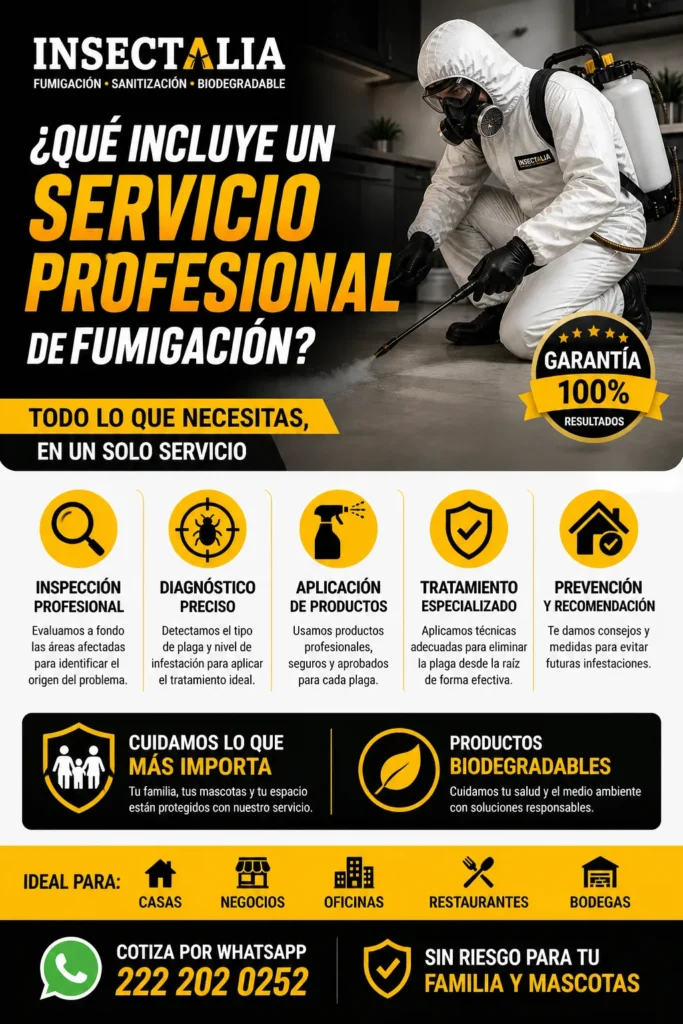 Técnico fumigando plagas en interior de casa con equipo profesional