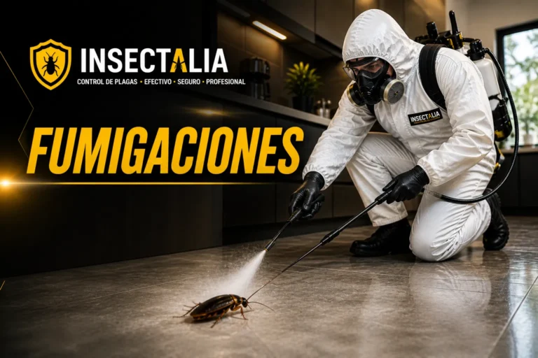 Fumigaciones profesionales eliminando cucarachas en cocina con técnico especializado