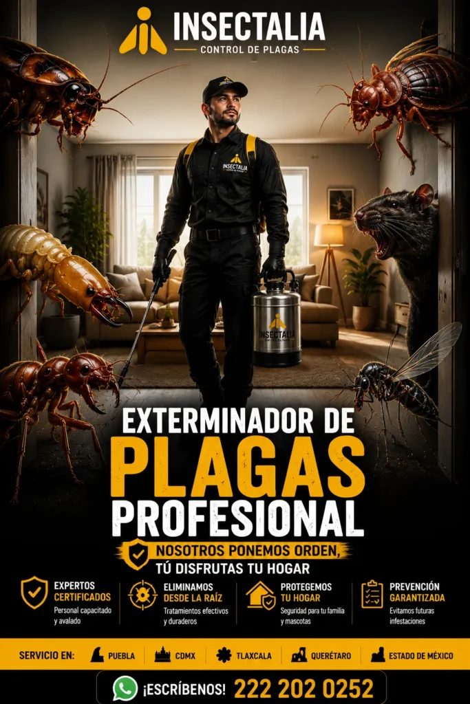 Técnico exterminador de plagas profesional dirigiéndose a una vivienda para controlar una infestación de plagas.