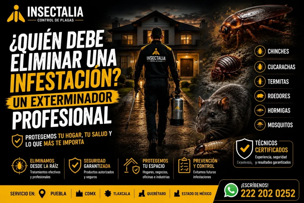 Exterminador de plagas profesional mostrando diferentes tipos de plagas que requieren tratamientos específicos.