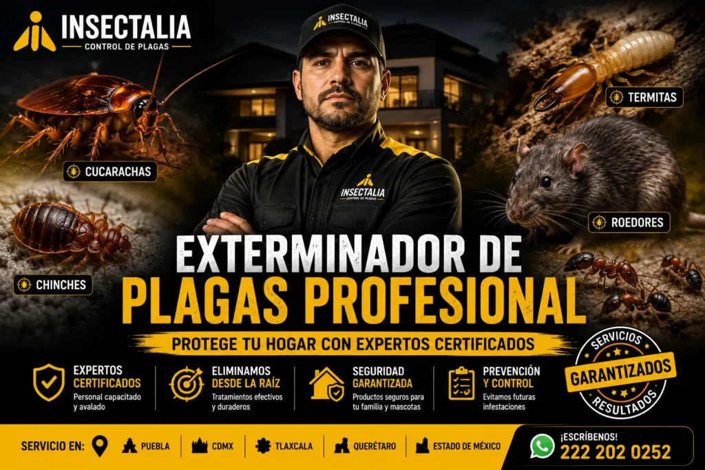 Exterminador de plagas profesional certificado eliminando cucarachas, chinches, termitas y roedores en una vivienda.