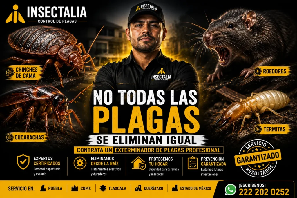 Exterminador de plagas profesional preparado para eliminar infestaciones de cucarachas, termitas, roedores e insectos en interiores.