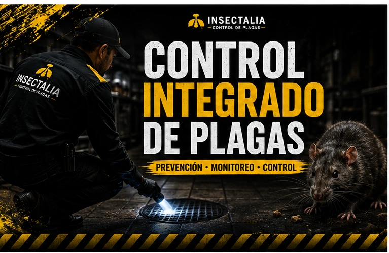 Control integrado de plagas con técnico profesional inspeccionando un inmueble y presencia de roedores
